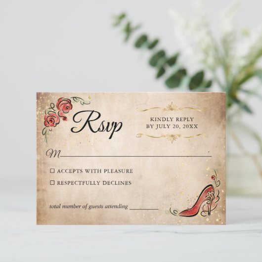 Rood en Goud Prinses Elegant Bruiloft RSVP Kaartje (Staand voorkant)