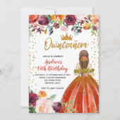 Rood en Goud Prinses Floral Quinceañera Verjaardag Kaart (Voorkant)