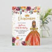 Rood en Goud Prinses Floral Quinceañera Verjaardag Kaart (Staand voorkant)