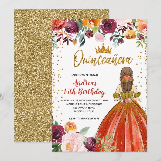Rood en Goud Prinses Floral Quinceañera Verjaardag Kaart (Voorkant / Achterkant)