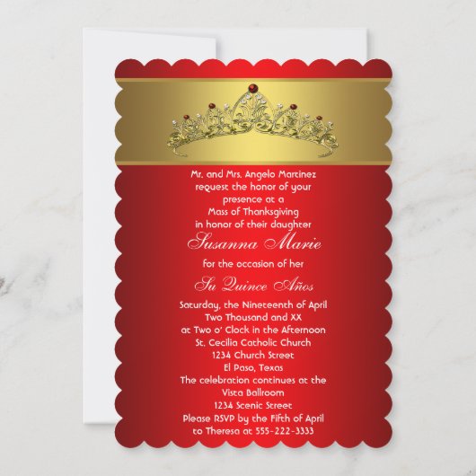 Rood en goud Quinceanera Kaart (Achterkant)