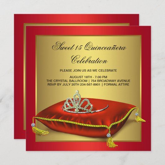 Rood en goud Quinceanera Kaart (Voorkant / Achterkant)