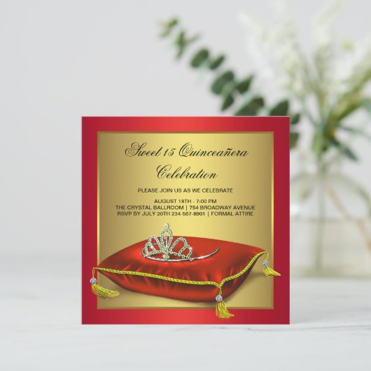 Rood en goud Quinceanera Kaart (Staand voorkant)