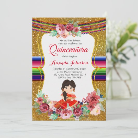 Rood en Goud Quinceañera Spaanse Verjaardag Kaart (Staand voorkant)