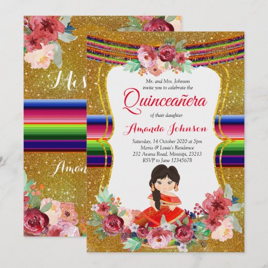 Rood en Goud Quinceañera Spaanse Verjaardag Kaart (Voorkant / Achterkant)