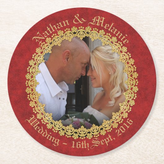  rood en goud ronde kartonnen onderzetter (Voorkant)