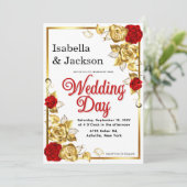 Rood en Goud Roos Bloemenbruiloft Kaart (Staand voorkant)
