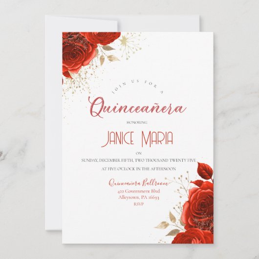 Rood en Goud Roos Quinceañera Invitation Kaart (Voorkant)