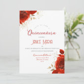 Rood en Goud Roos Quinceañera Invitation Kaart (Staand voorkant)
