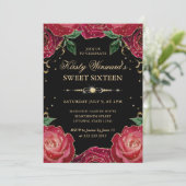 Rood en Goud Rozen Bloemen Sweet Sixteen Kaart (Staand voorkant)