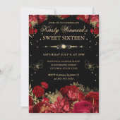 Rood en Goud Rozen Border Bloemen Sweet Sixteen Kaart (Voorkant)