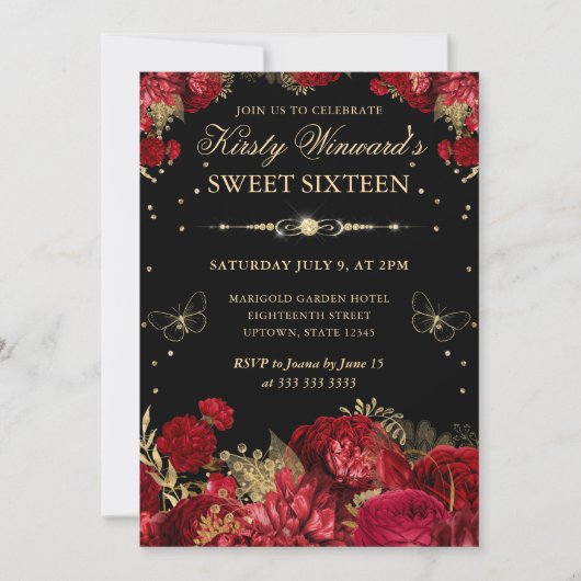Rood en Goud Rozen Border Bloemen Sweet Sixteen Kaart (Voorkant)