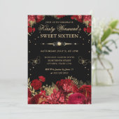 Rood en Goud Rozen Border Bloemen Sweet Sixteen Kaart (Staand voorkant)