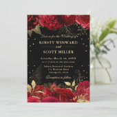 Rood en Goud Rozen Grens Bloemen Huwelijk Kaart (Staand voorkant)