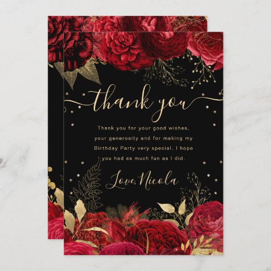 Rood en Goud Rozen Grens Bloemen Verjaardag Bedankkaart (Voorkant / Achterkant)