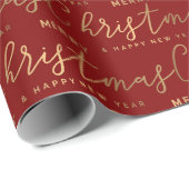 Rood en Goud Script Vrolijk Kerstfeest Cadeaupapier (Rol Hoek)