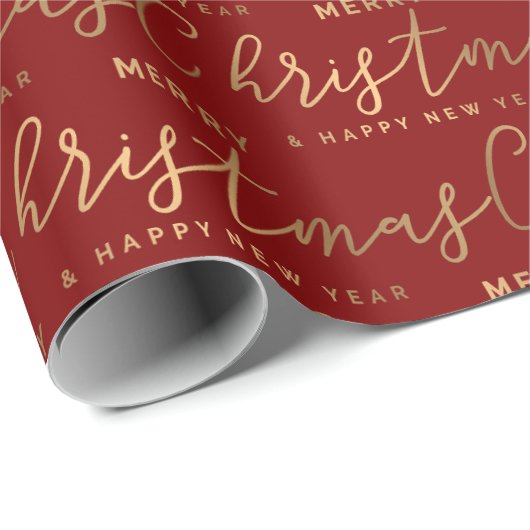 Rood en Goud Script Vrolijk Kerstfeest Cadeaupapier (Rol Hoek)