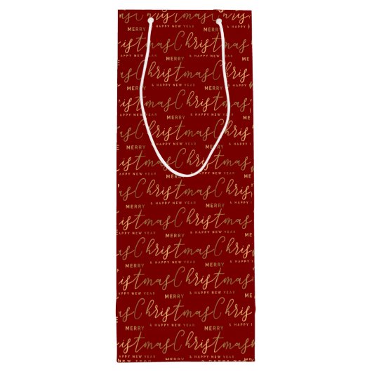 Rood en Goud Script Vrolijk Kerstfeest Gelukkig Ni Wijn Cadeautas (Achterkant)