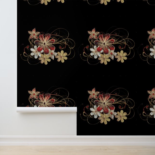 Rood en Goud Sieraden Bloemen Custom Kleur Zwart Behang (Applicatie)