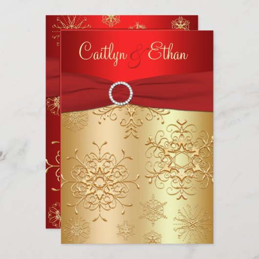 Rood en Goud Sneeuwvlokken Bruiloft Uitnodiging (Voorkant / Achterkant)