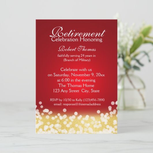 Rood en Goud Sparkle Lights Retirement Party Kaart (Staand voorkant)