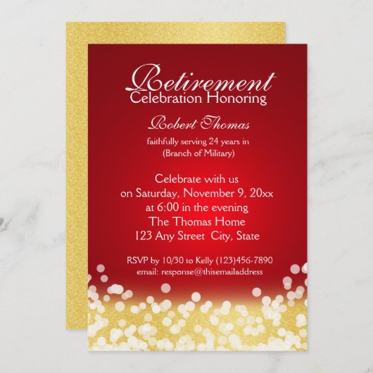 Rood en Goud Sparkle Lights Retirement Party Kaart (Voorkant / Achterkant)