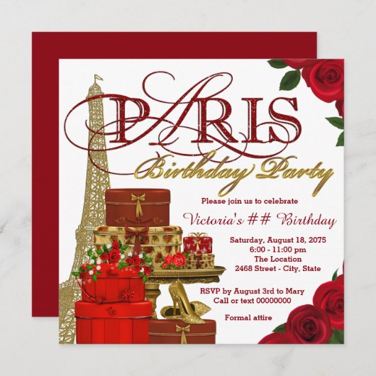 Rood en goud verjaardagsfeestje in Parijs Kaart (Voorkant / Achterkant)