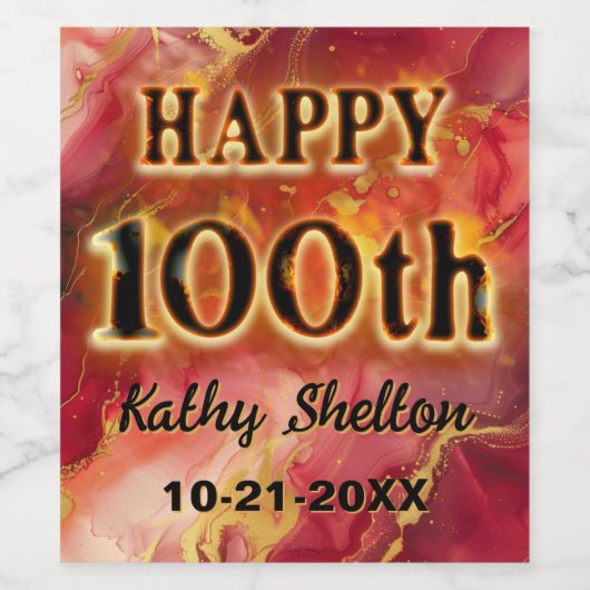 Rood en goud vlammende hete 100e verjaardag wijn etiket (Enkel label)