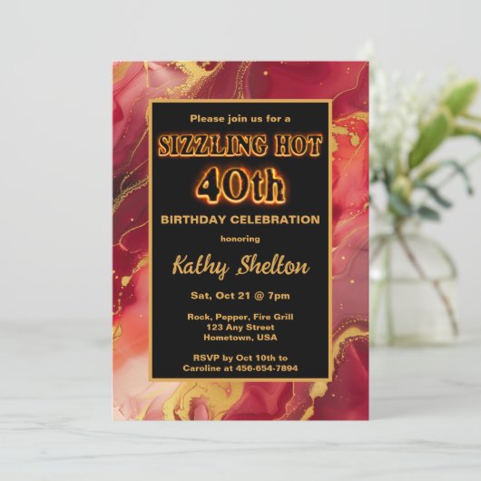 Rood en goud vlammende hete 40e verjaardag kaart (Staand voorkant)