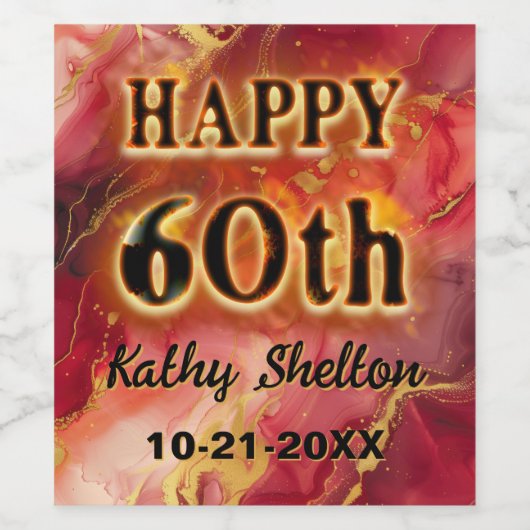 Rood en goud vlammende hete 60e verjaardag wijn etiket (Enkel label)