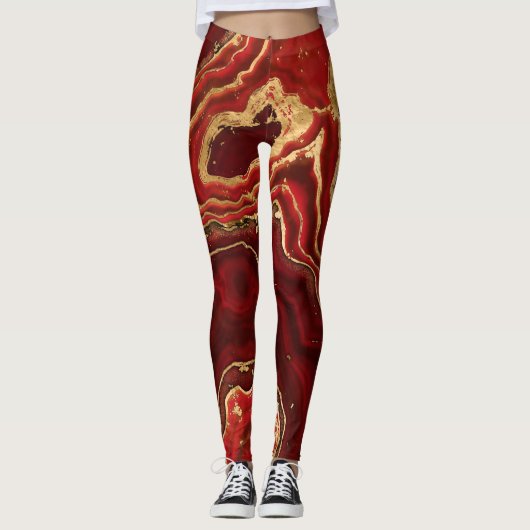 Rood en goud Vloeibare marmer Abstract Leggings (Voorkant)