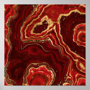 Rood en goud Vloeibare marmer Abstract Poster