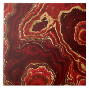 Rood en goud Vloeibare marmer Abstract Tegeltje