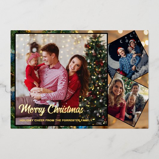 Rood en goud Vrolijk Kerstfeest familie 3 Foto Folie Feestdagenkaart (Voorkant)