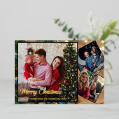 Rood en goud Vrolijk Kerstfeest familie 3 Foto Folie Feestdagenkaart (Staand Voorkant)