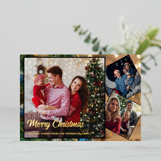 Rood en goud Vrolijk Kerstfeest familie 3 Foto Folie Feestdagenkaart (Staand Voorkant)