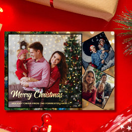 Rood en goud Vrolijk Kerstfeest familie 3 Foto Folie Feestdagenkaart
