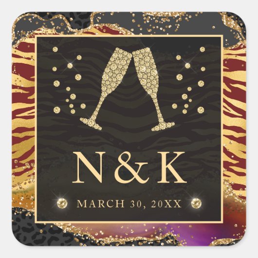 Rood en goud Wilde Oerwoud Glitter Agate Wedding Vierkante Sticker (Voorkant)
