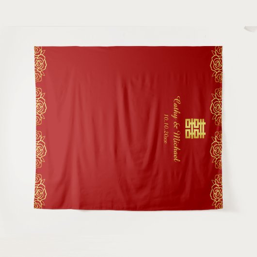 Rood en goudbloem roos chinese trouwachtergrond wandkleed (Voorkant (horizontaal))