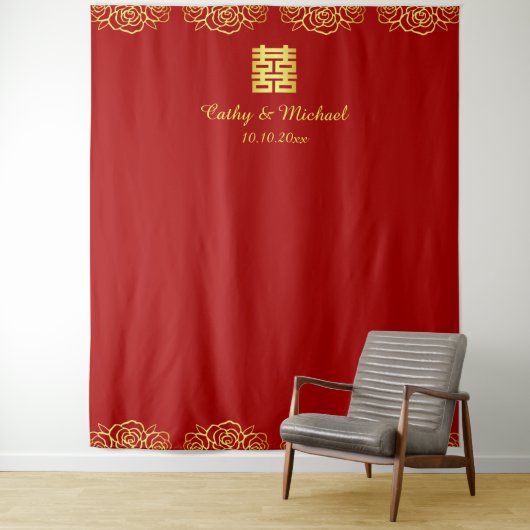 Rood en goudbloem roos chinese trouwachtergrond wandkleed (In situ)