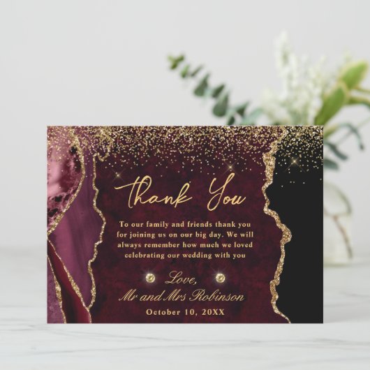 Rood en goudbruin Glitter Marble Agate Wedding Bedankkaart (Staand voorkant)