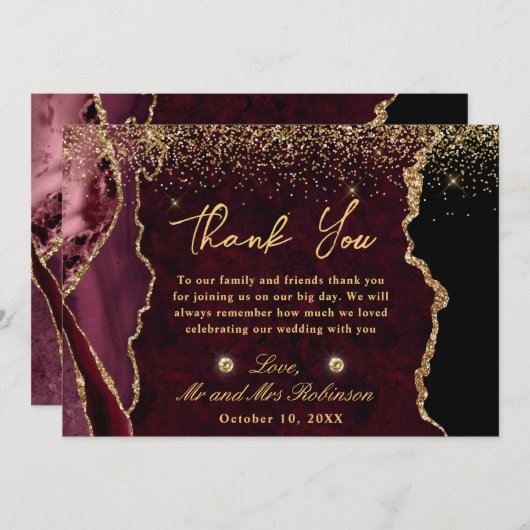 Rood en goudbruin Glitter Marble Agate Wedding Bedankkaart (Voorkant / Achterkant)