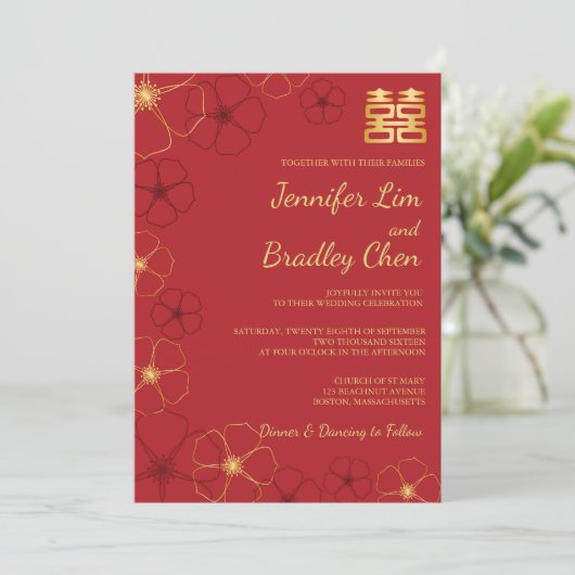 Rood- en goudCherry Blossom Wedding Kaart (Staand voorkant)