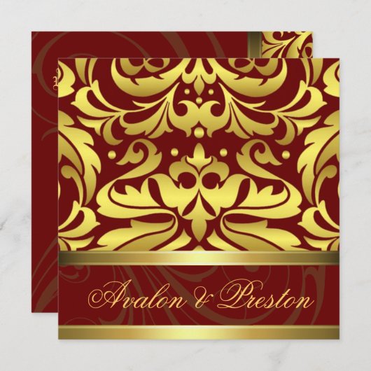 Rood- en goudDamaskaak-uitnodiging voor het huweli Kaart (Voorkant / Achterkant)