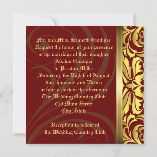 Rood- en goudDamaskaak-uitnodiging voor het huweli Kaart (Achterkant)