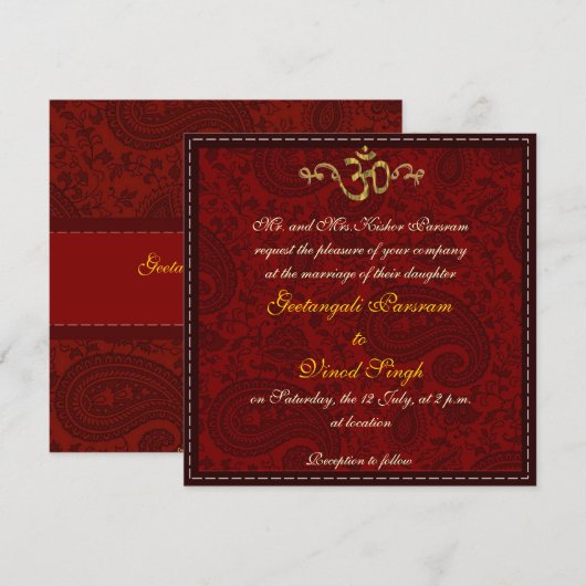 Rood- en gouddamesbrocade Hindu-bruiloft Kaart (Voorkant / Achterkant)