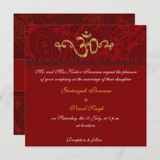 Rood- en gouddamesbrocade Hindu-bruiloft Kaart (Voorkant / Achterkant)