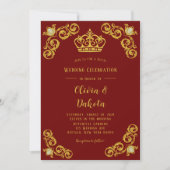 Rood en gouden Damask Royal Wedding Invitation Kaart (Voorkant)