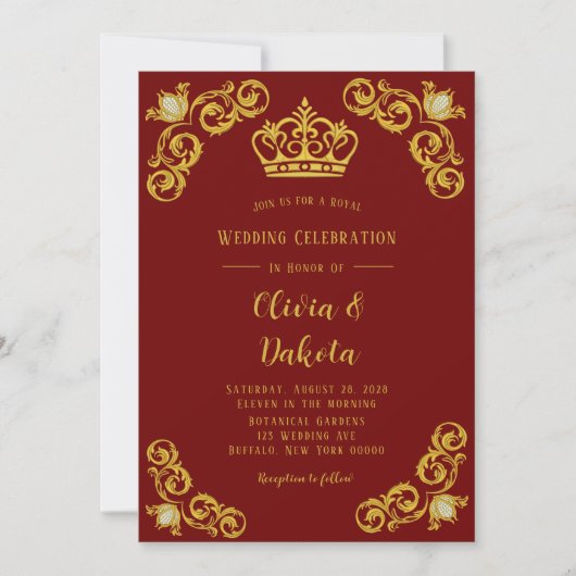 Rood en gouden Damask Royal Wedding Invitation Kaart (Voorkant)