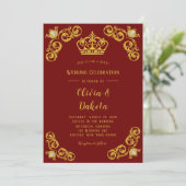 Rood en gouden Damask Royal Wedding Invitation Kaart (Staand voorkant)
